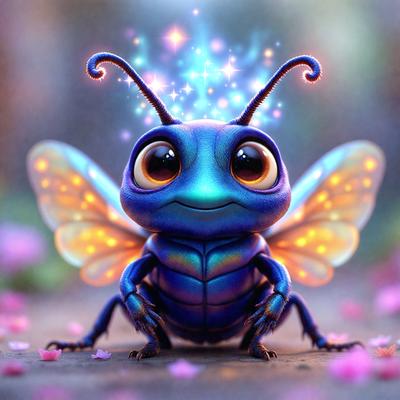 The primary subject of the image is a blue and purple butterfly with a smiling face. The butterfly is sitting on a pink flower, which is part of a larger pink flower arrangement. The setting is a garden, and the visual style is a digital art illustration. The colors and mood of the image are bright, cheerful, and whimsical.
